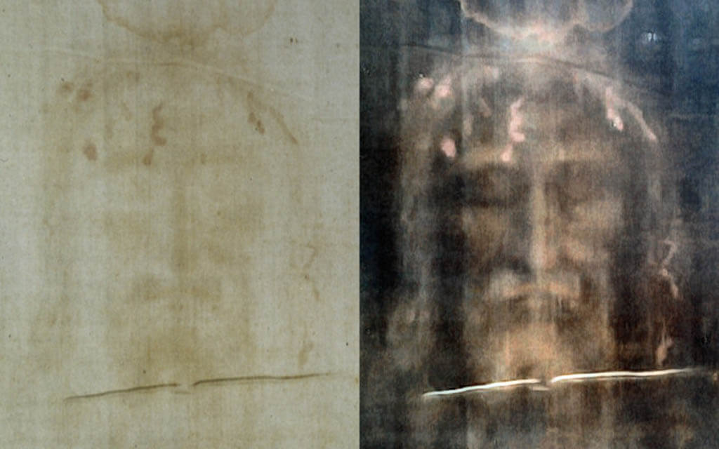 A photo of the face in the shroud compared against a digitally processed image